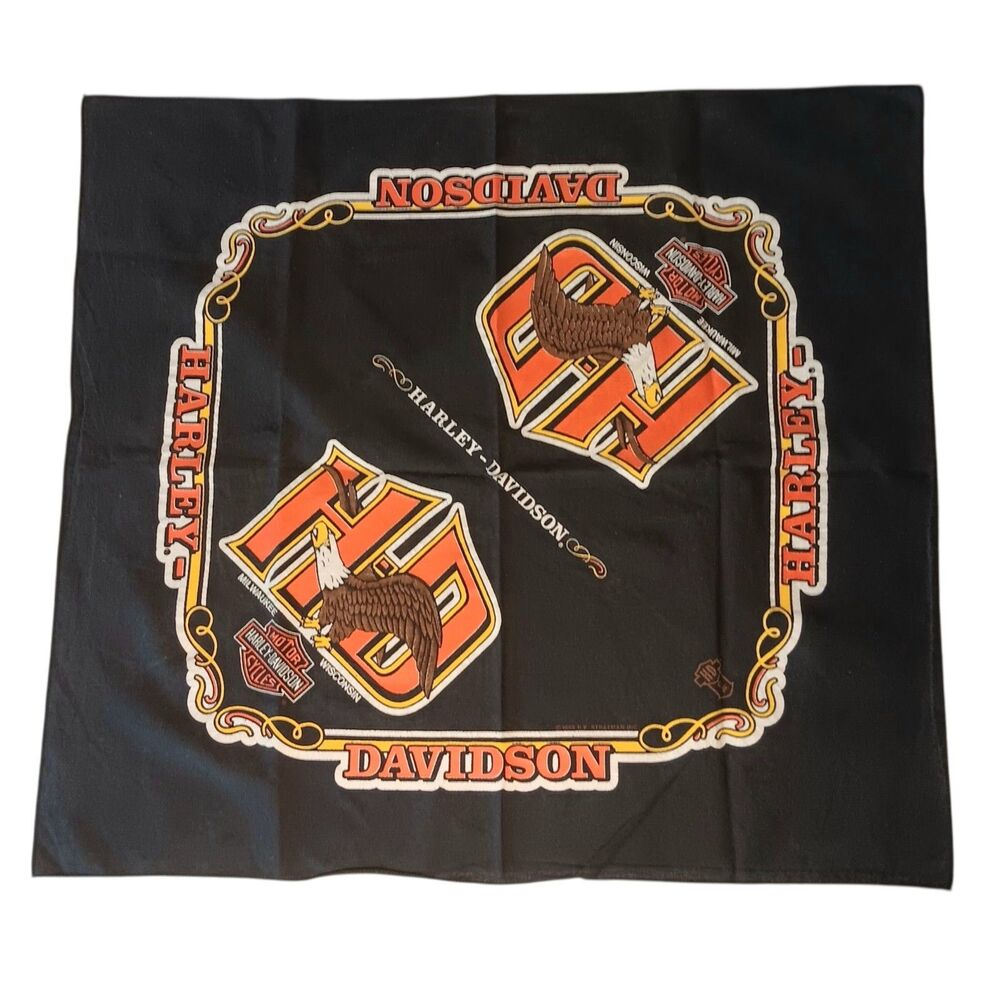 VTG 1989 Harley-Davidson Motorcycles Bandana RK Stratman Milwaukee Black Orange